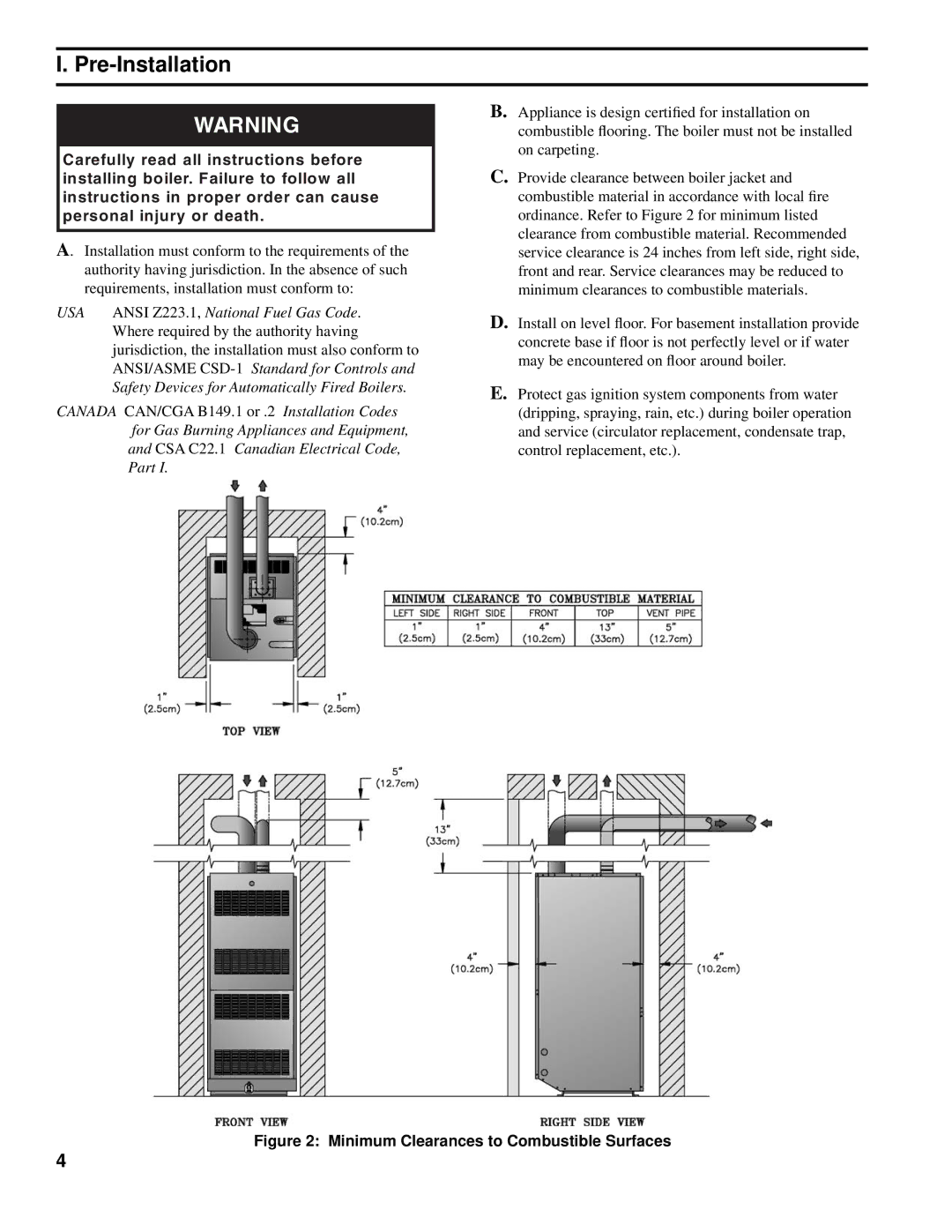 Burnham MMII manual Pre-Installation, Minimum Clearances to Combustible Surfaces 