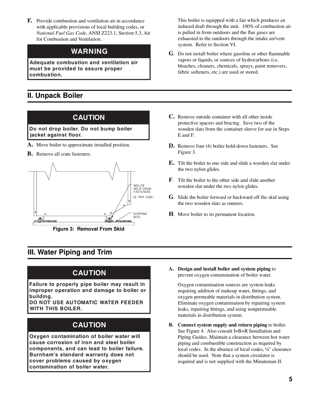 Burnham MMII II. Unpack Boiler, III. Water Piping and Trim, Do not drop boiler. Do not bump boiler jacket against floor 