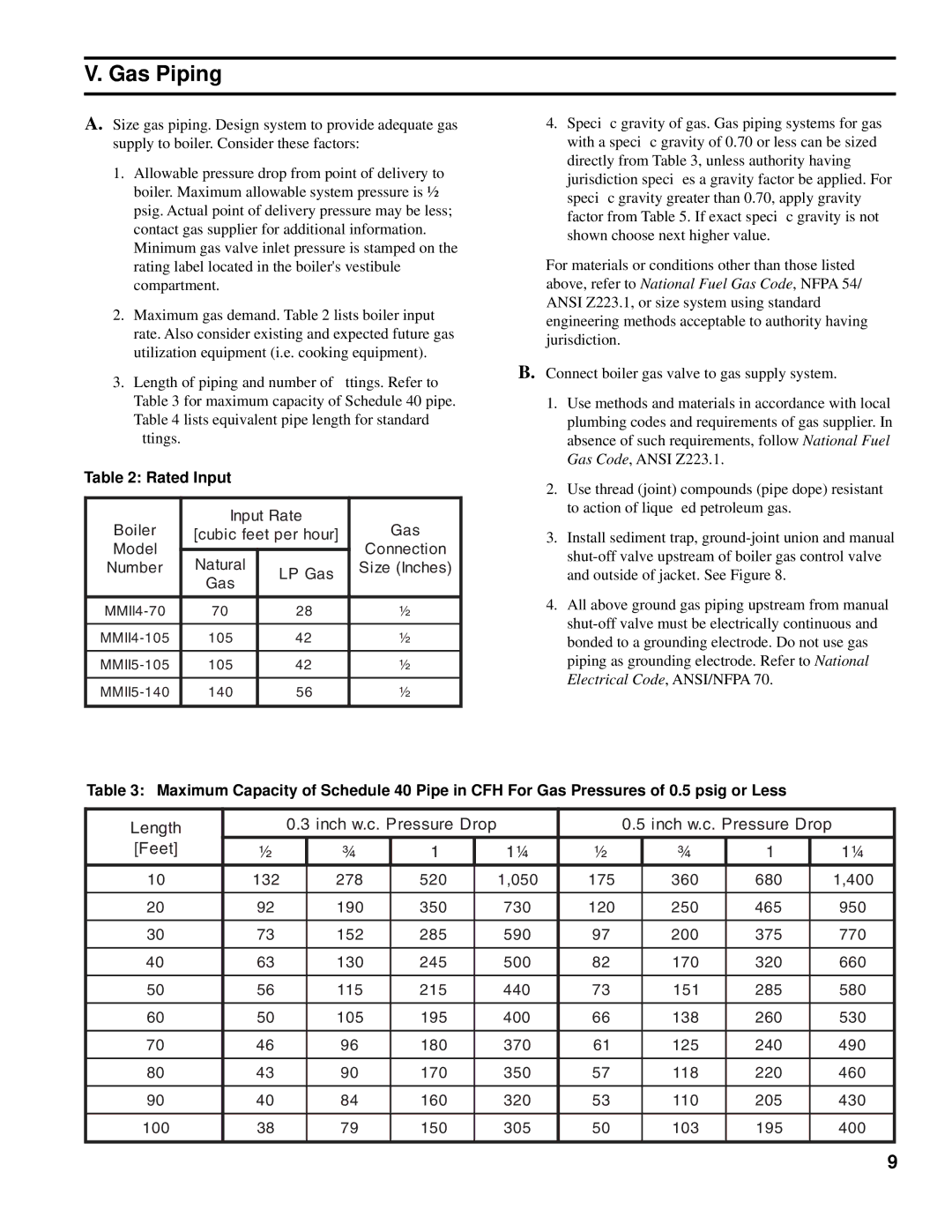 Burnham MMII manual Gas Piping, Rated Input 