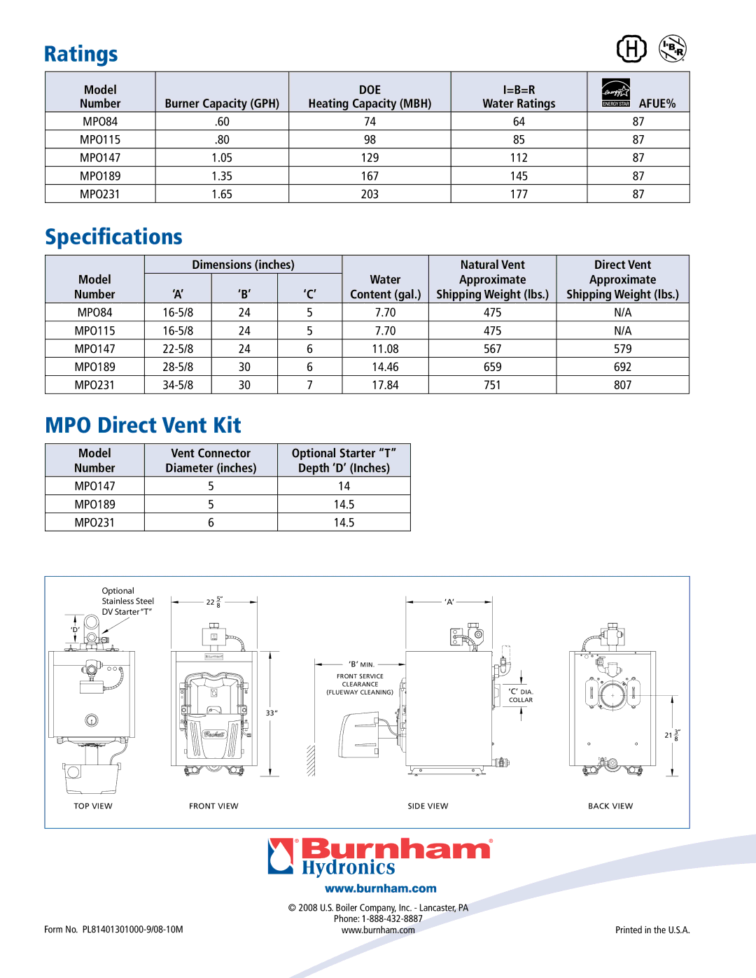 Burnham MPO Series manual Ratings, Specifications, MPO Direct Vent Kit, Natural Vent Direct Vent Model Water Approximate 