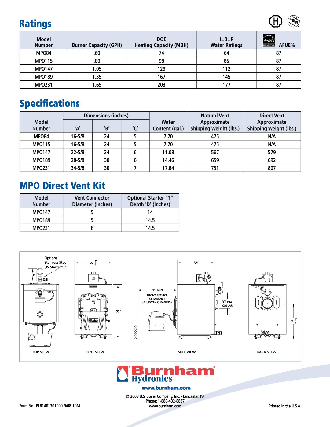 Burnham MPO Series manual Ratings, Specifications, MPO Direct Vent Kit, Afue%, Natural Vent, Model, Water, Approximate 