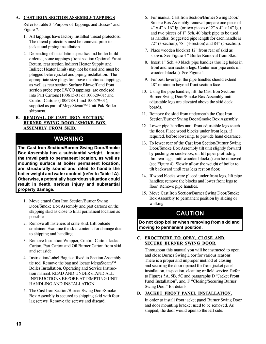 Burnham MST629, MST288, MST396 manual Procedure To Open, Close and Secure Burner Swing Door, Jacket Front Panel Installation 