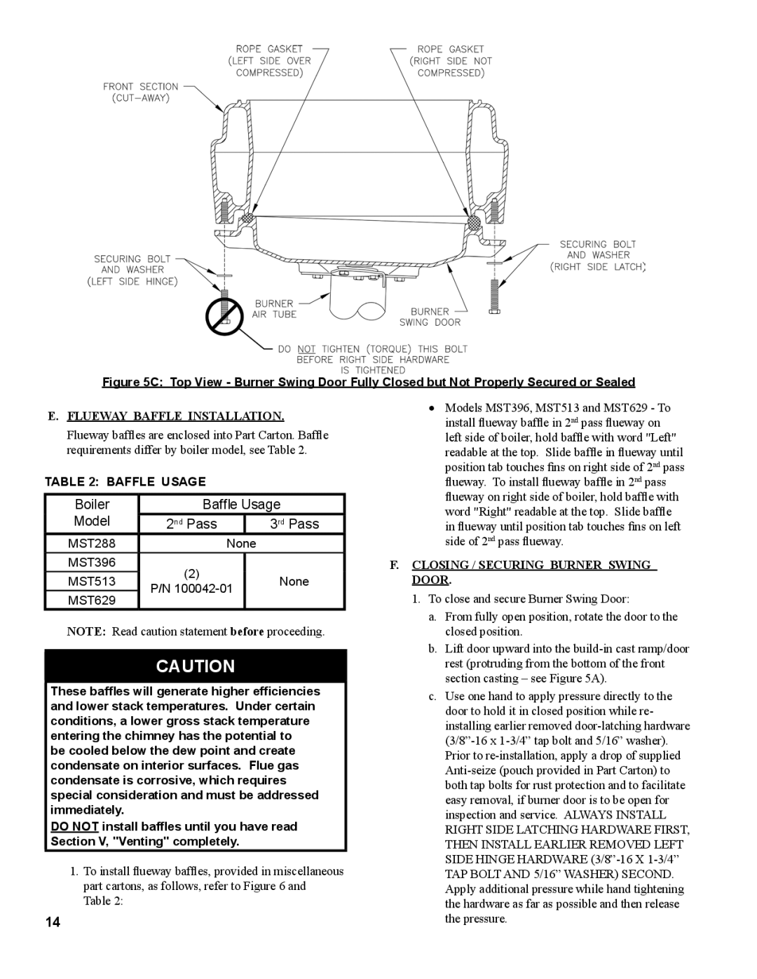 Burnham MST629, MST288, MST396, MST513 manual Flueway Baffle Installation, Baffle Usage, Closing / Securing Burner Swing Door 