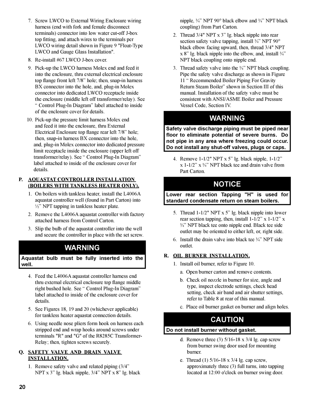 Burnham MST288, MST396 manual Aquastat bulb must be fully inserted into the well, Safety Valve and Drain Valve Installation 