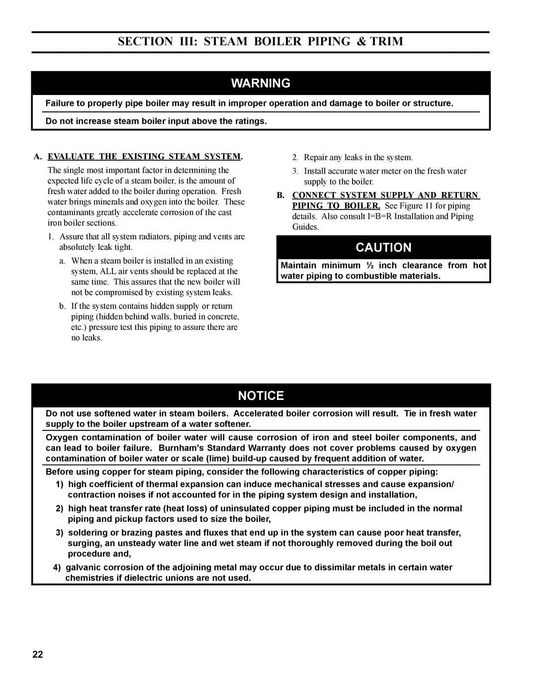 Burnham MST629, MST288, MST396, MST513 manual Section III Steam Boiler Piping & Trim, Evaluate the existing steam system 