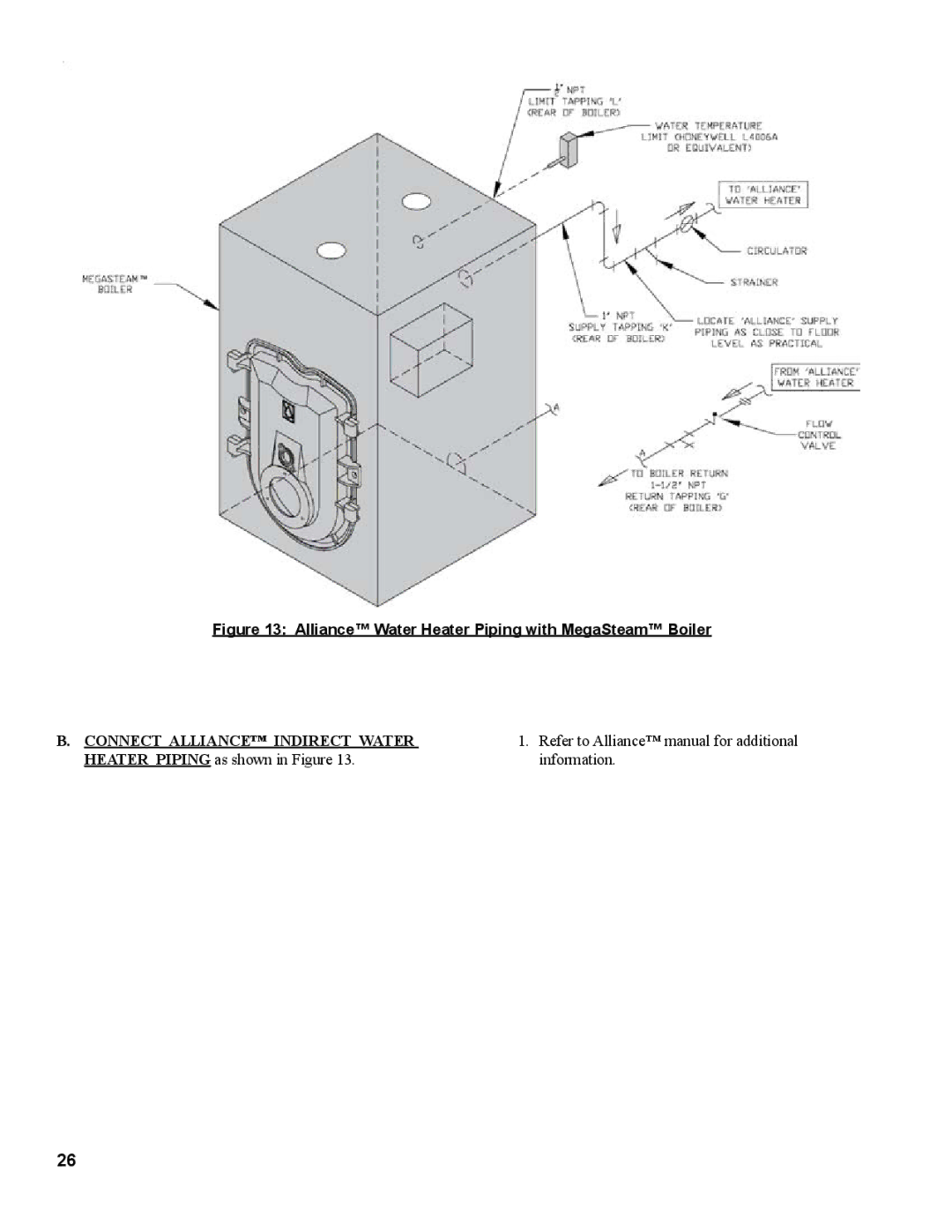 Burnham MST629, MST288, MST396, MST513 manual Alliance Water Heater Piping with MegaSteam Boiler 