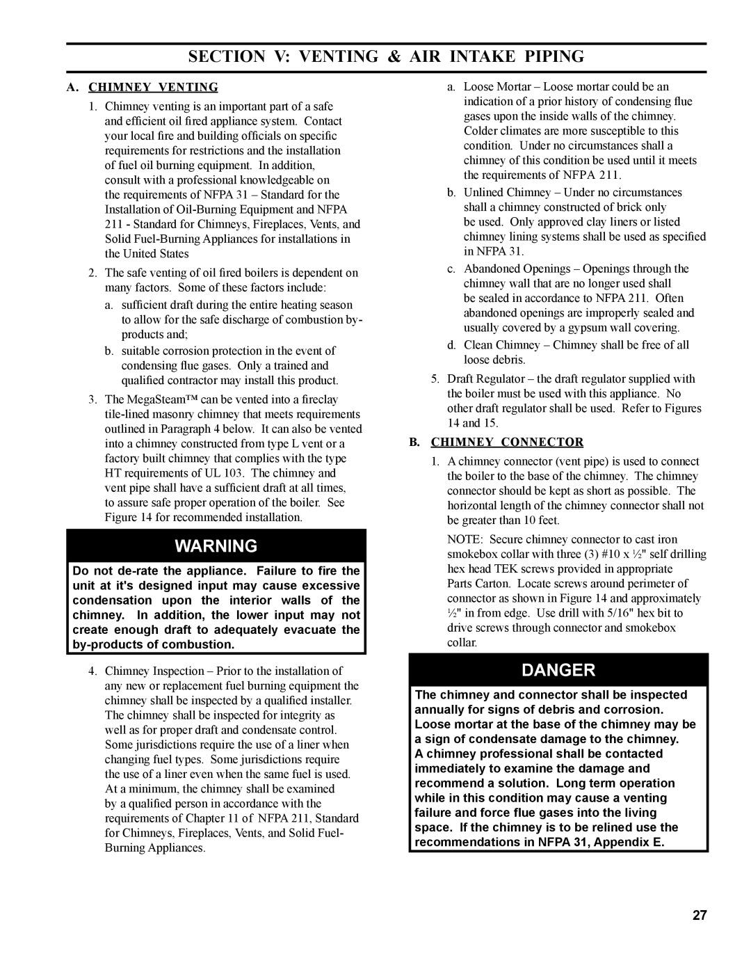 Burnham MST513, MST288, MST396, MST629 manual Section V Venting & Air intake piping, Chimney Venting, Chimney Connector 