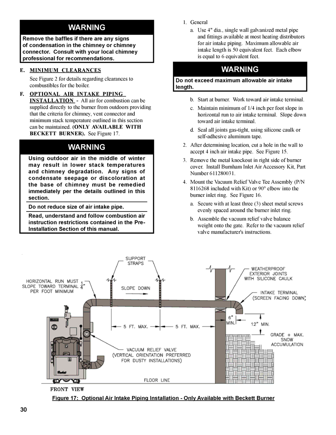 Burnham MST629, MST288, MST396, MST513 manual Minimum Clearances, Do not exceed maximum allowable air intake length 