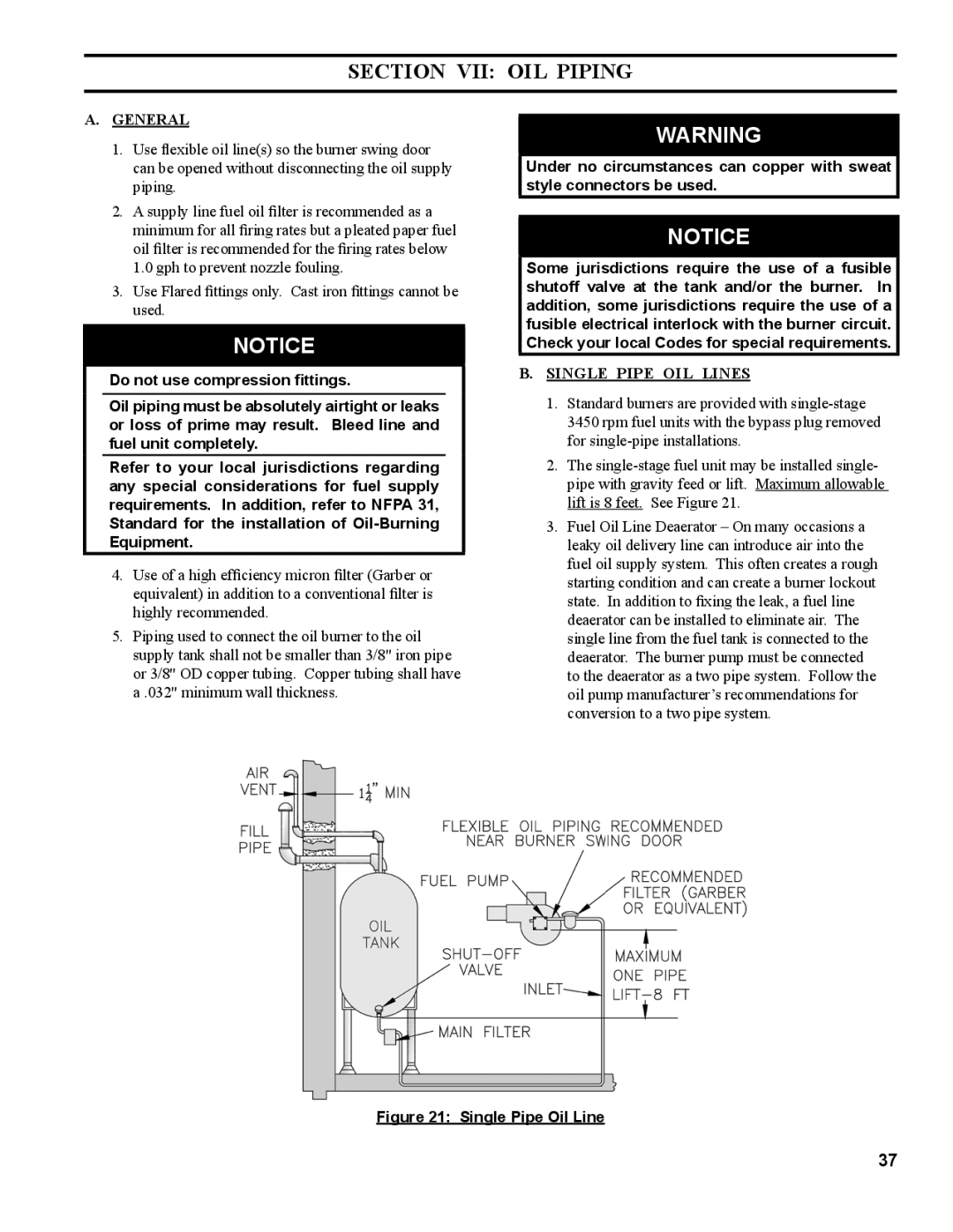 Burnham MST396, MST288, MST629, MST513 manual Single Pipe Oil Lines 