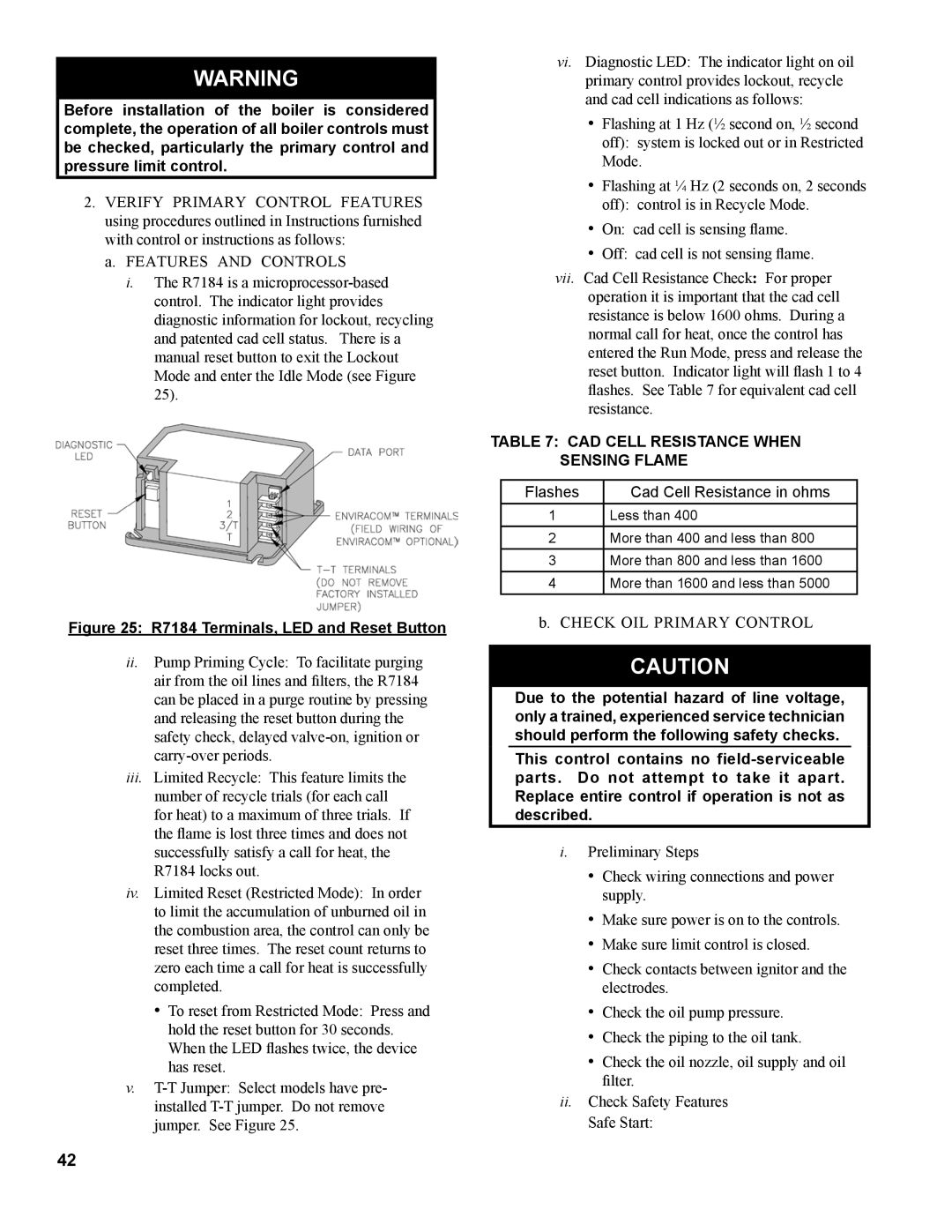 Burnham MST629, MST288, MST396, MST513 manual R7184 Terminals, LED and Reset Button, Cad Cell Resistance When Sensing Flame 