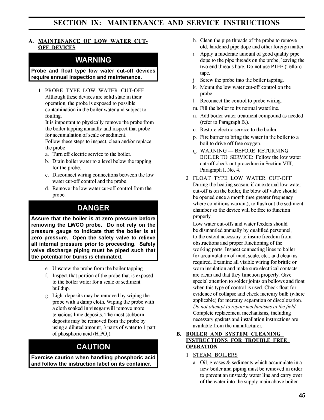 Burnham MST396, MST288, MST629, MST513 manual Section Ix Maintenance and Service Instructions, Steam Boilers 