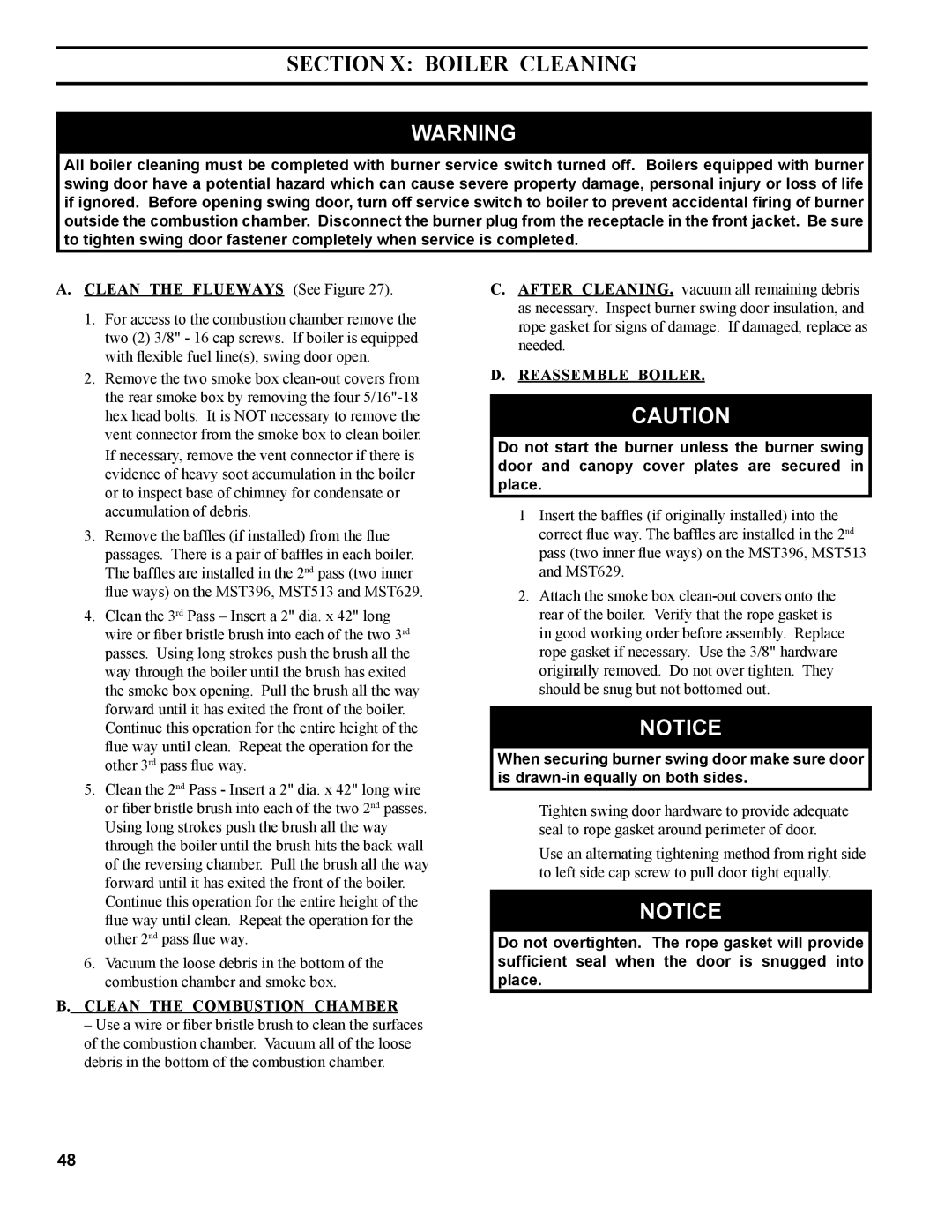 Burnham MST288, MST396, MST629 manual Section X Boiler Cleaning, Clean the Flueways See Figure, Clean the Combustion Chamber 