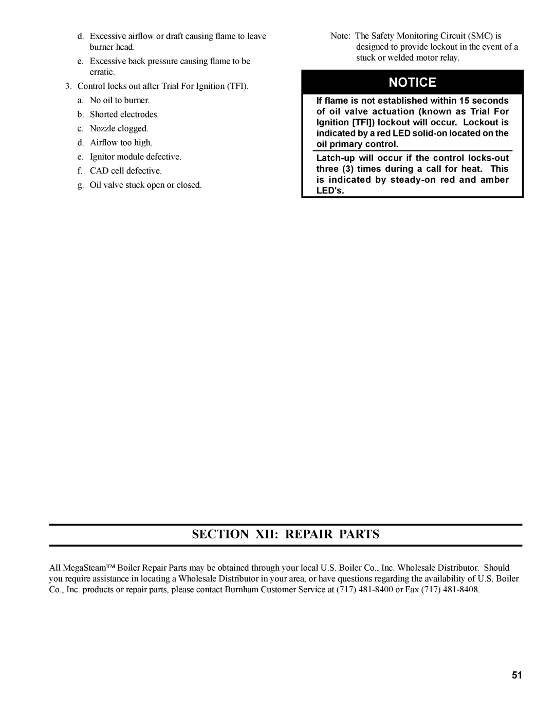 Burnham MST513, MST288, MST396, MST629 manual Section XII Repair Parts 