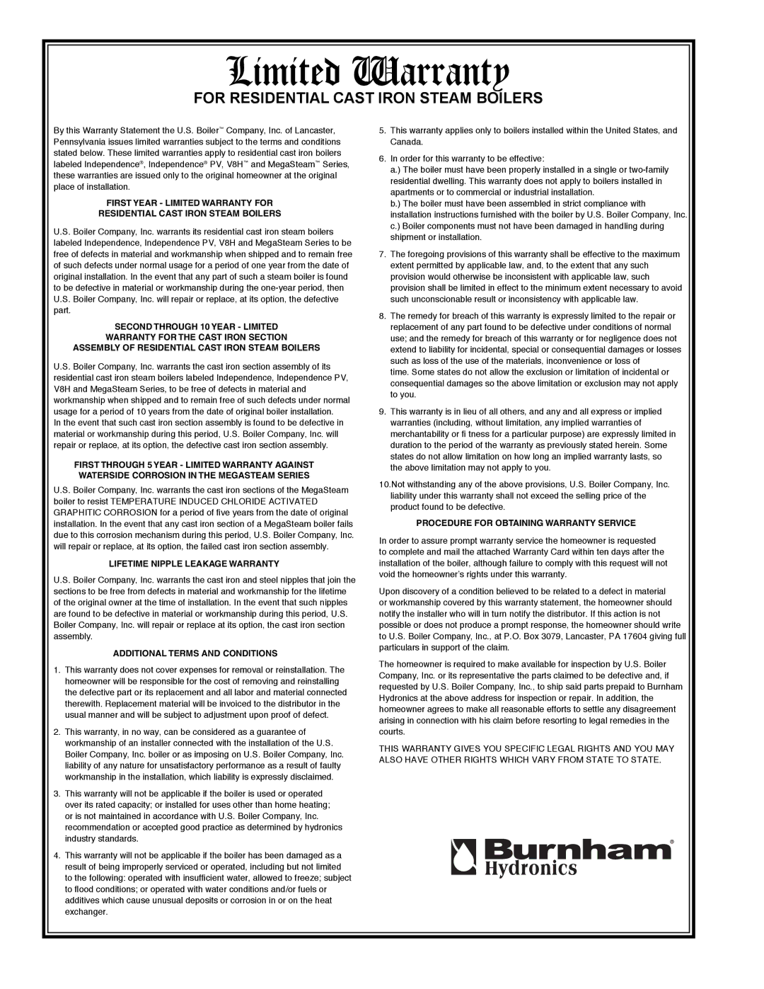 Burnham MST288, MST396, MST629, MST513 manual Limited Warranty 