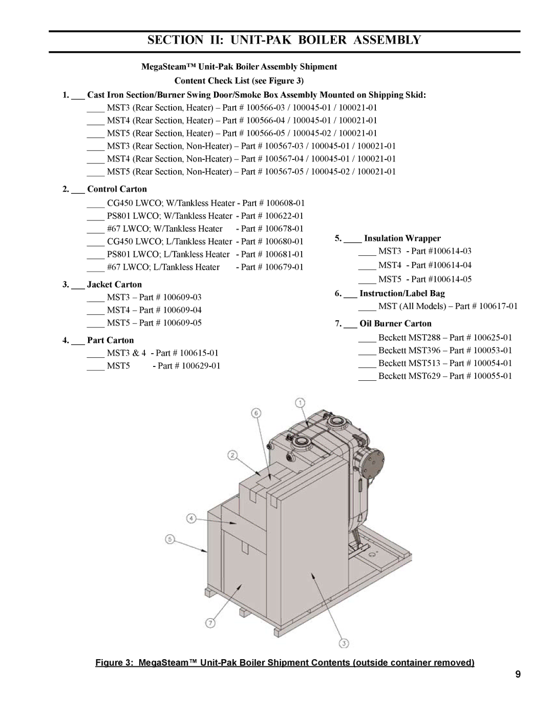 Burnham MST396 Control Carton, Insulation Wrapper, Jacket Carton, Instruction/Label Bag, Oil Burner Carton, Part Carton 