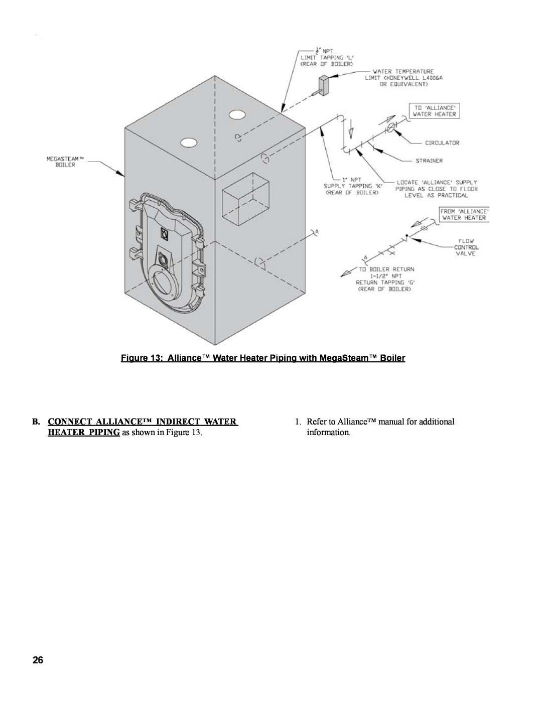 Burnham MST629, MST288, MST396, MST513 manual Alliance Water Heater Piping with MegaSteam Boiler 