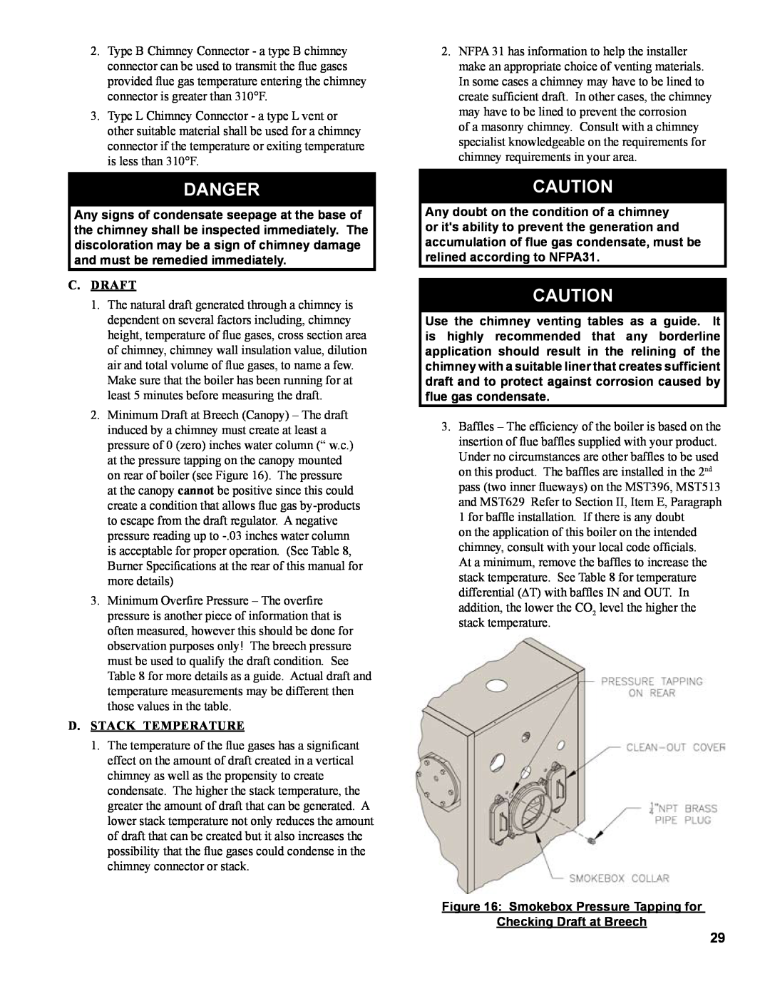 Burnham MST396, MST288 manual Danger, C. Draft, D. Stack Temperature, Smokebox Pressure Tapping for Checking Draft at Breech 