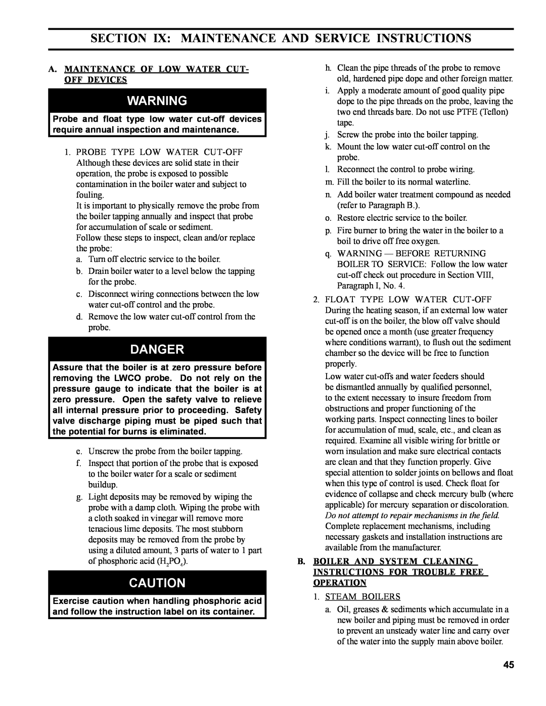 Burnham MST396 manual SECTION Ix MAINTENANCE AND SERVICE INSTRUCTIONS, Danger, A. Maintenance Of Low Water Cut- Off Devices 