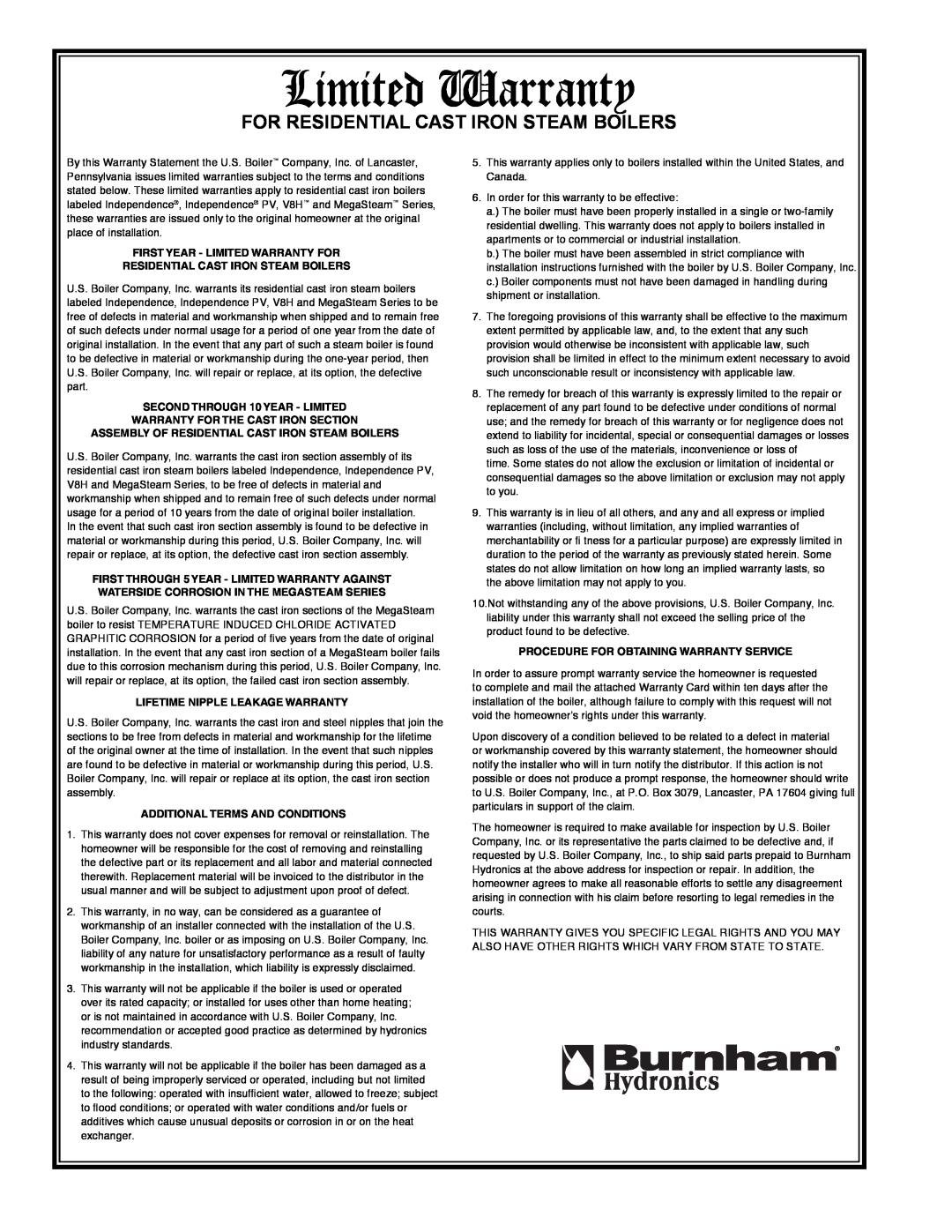 Burnham MST288 For Residential Cast Iron Steam Boilers, Limited Warranty, Assembly Of Residential Cast Iron Steam Boilers 