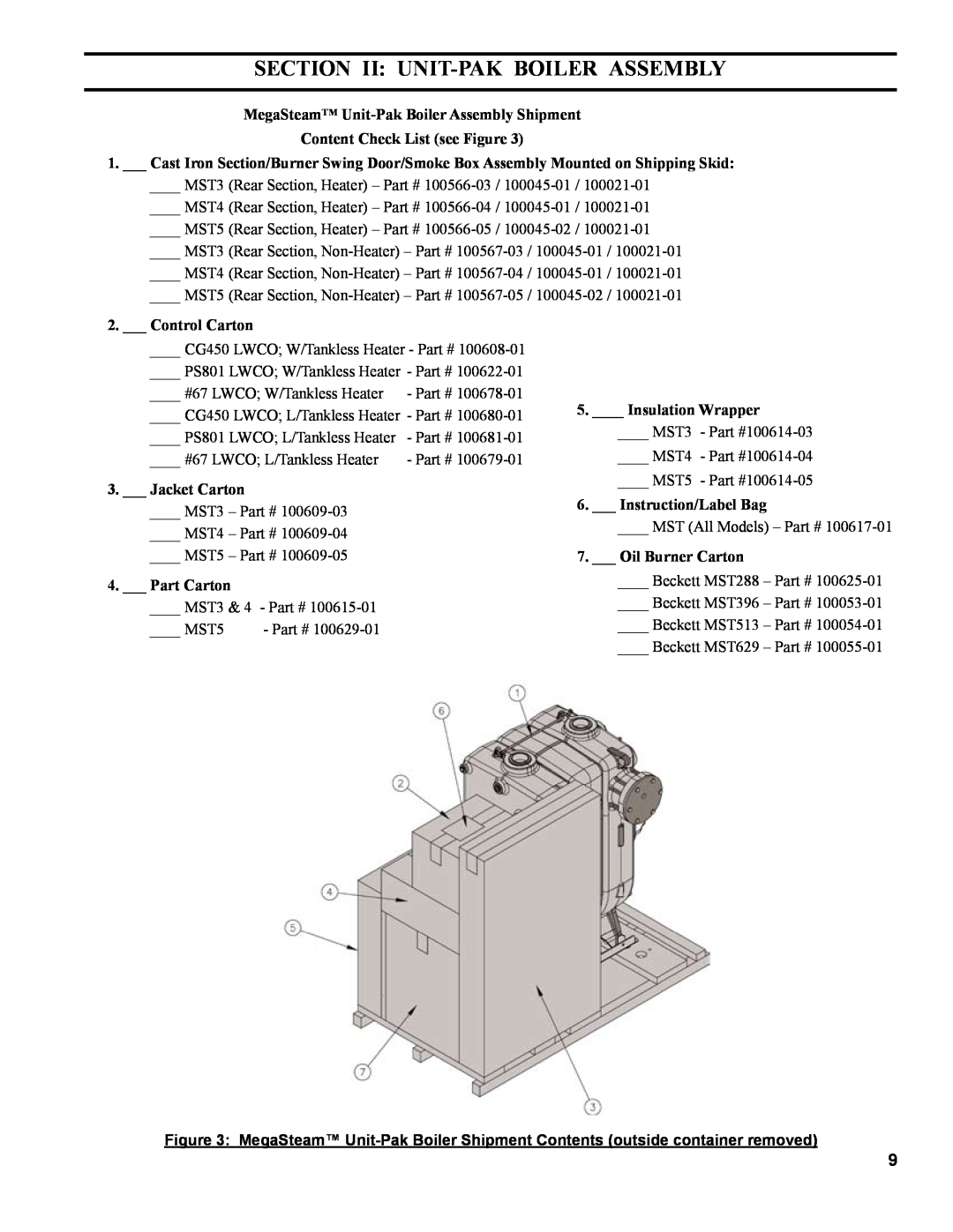 Burnham MST396, MST288 Section Ii Unit-Pak Boiler Assembly, MegaSteam Unit-Pak Boiler Assembly Shipment, Control Carton 