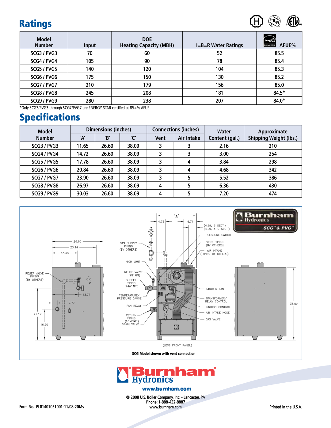 Burnham PVG & SCG Specifications, Input, I=B=R Water Ratings, Afue%, Model, Dimensions inches, Approximate, Air Intake 