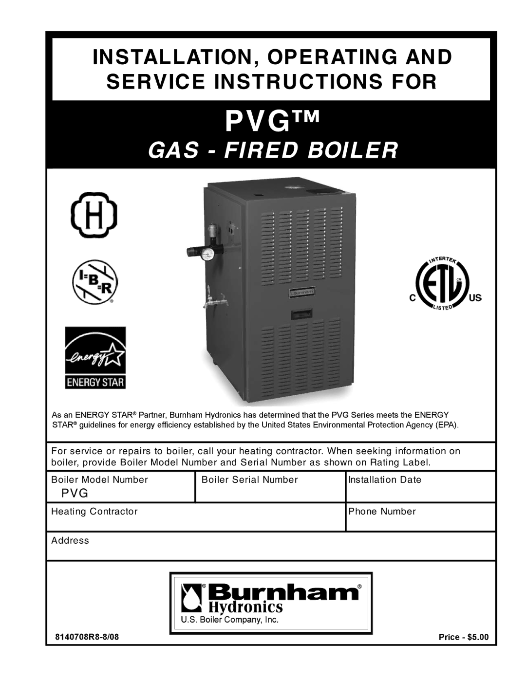 Burnham PVG manual Pvg, 8140708R8-8/08 Price $5.00 