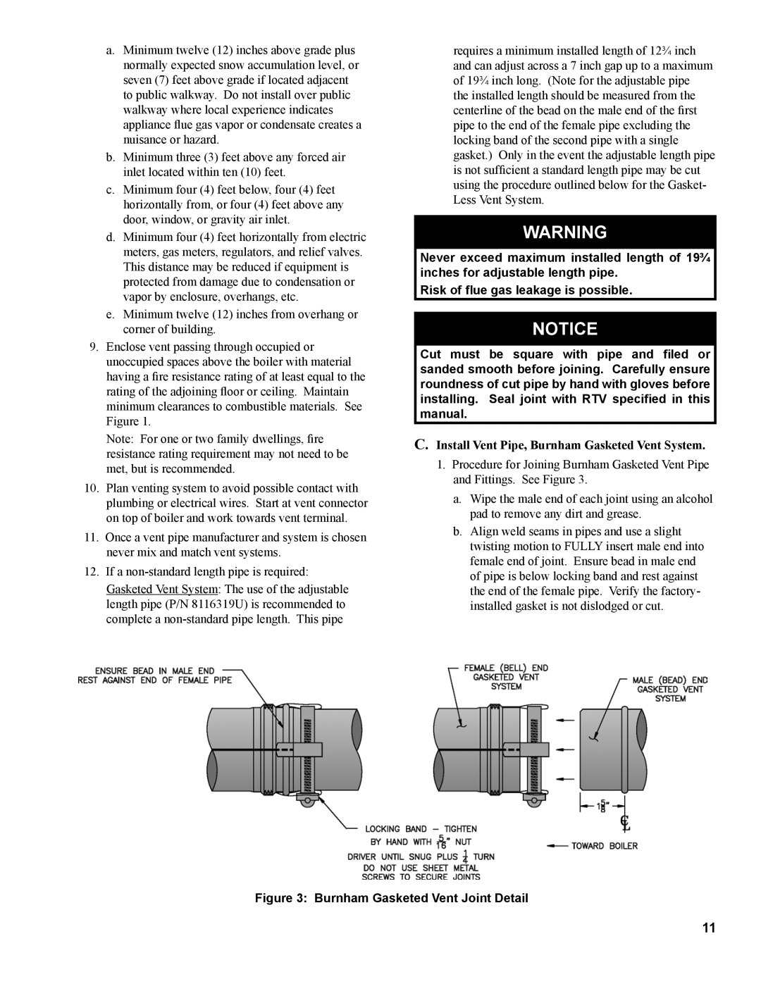 Burnham PVG manual Install Vent Pipe, Burnham Gasketed Vent System, Burnham Gasketed Vent Joint Detail 