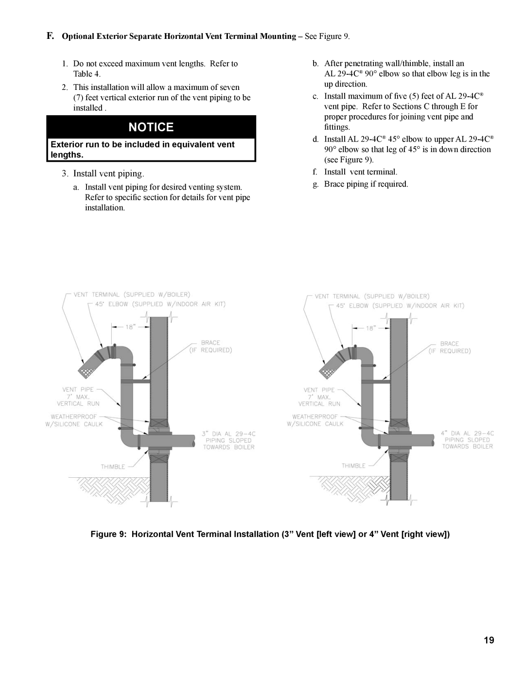 Burnham PVG manual Install vent piping, Exterior run to be included in equivalent vent lengths 