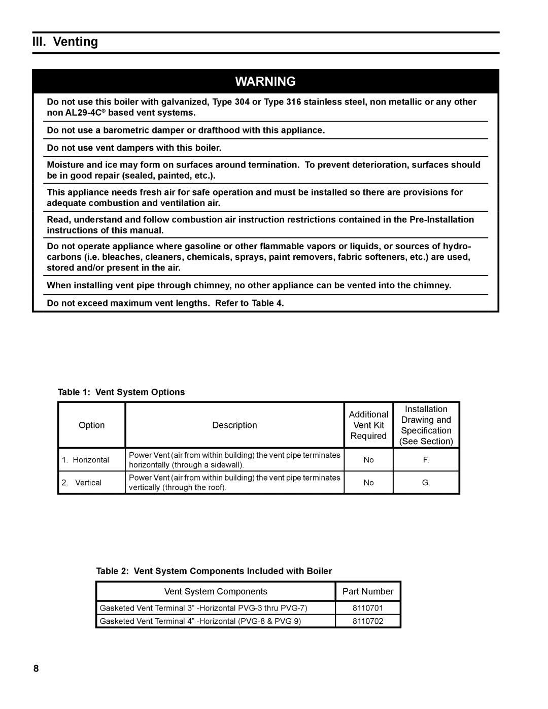 Burnham PVG manual III. Venting, Vent System Components Included with Boiler 