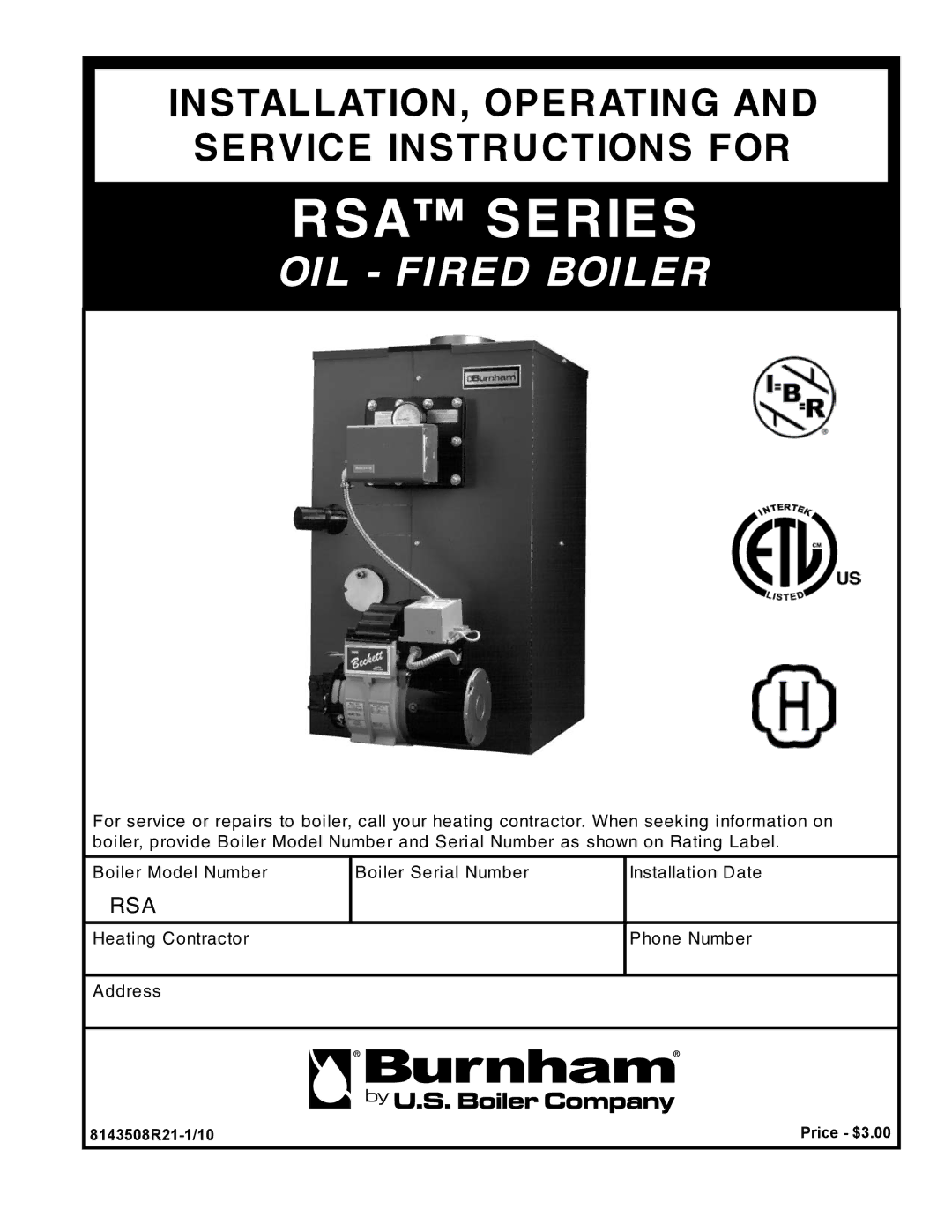 Burnham manual RSA Series, 8143508R21-1/10 Price $3.00 