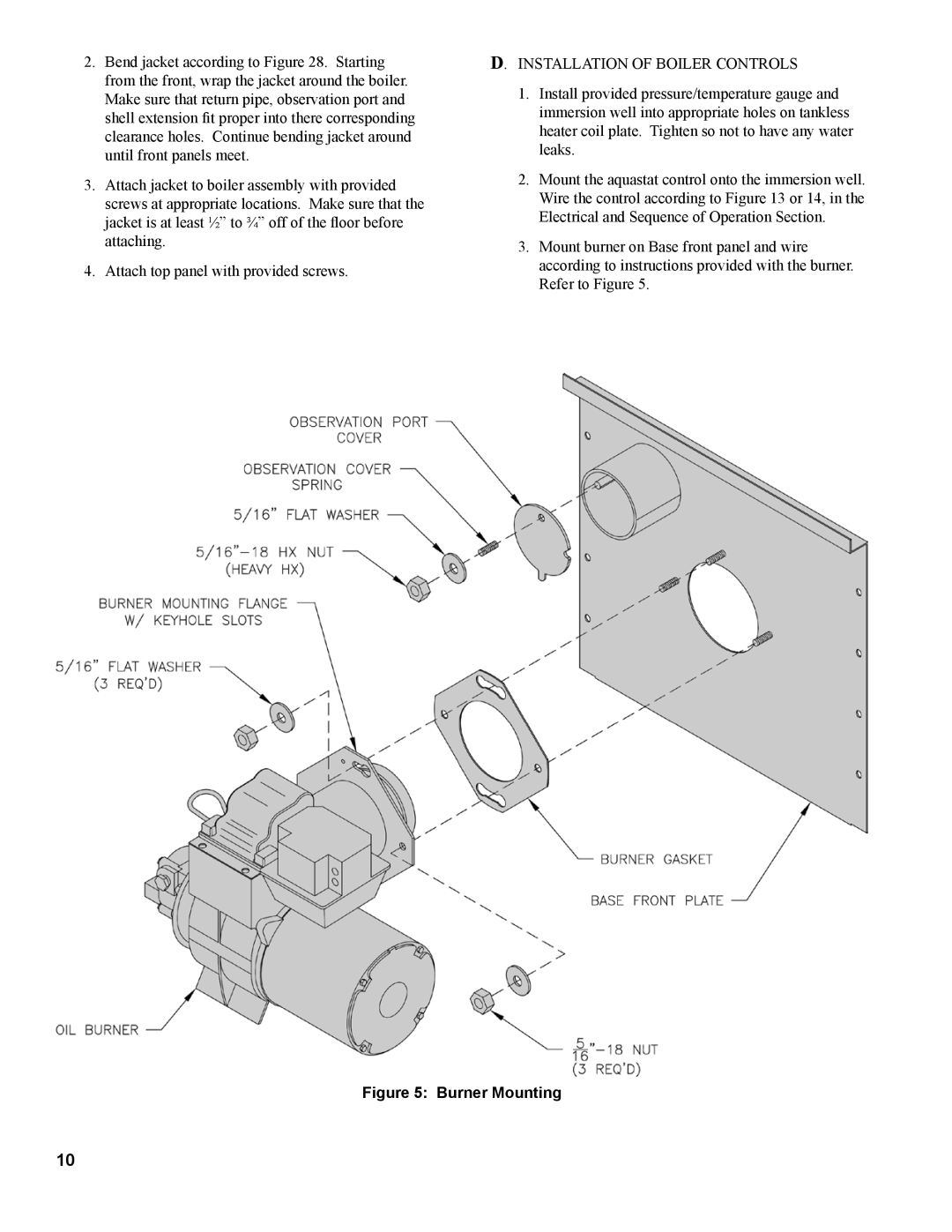 Burnham RSA manual Installation of Boiler Controls, Burner Mounting 