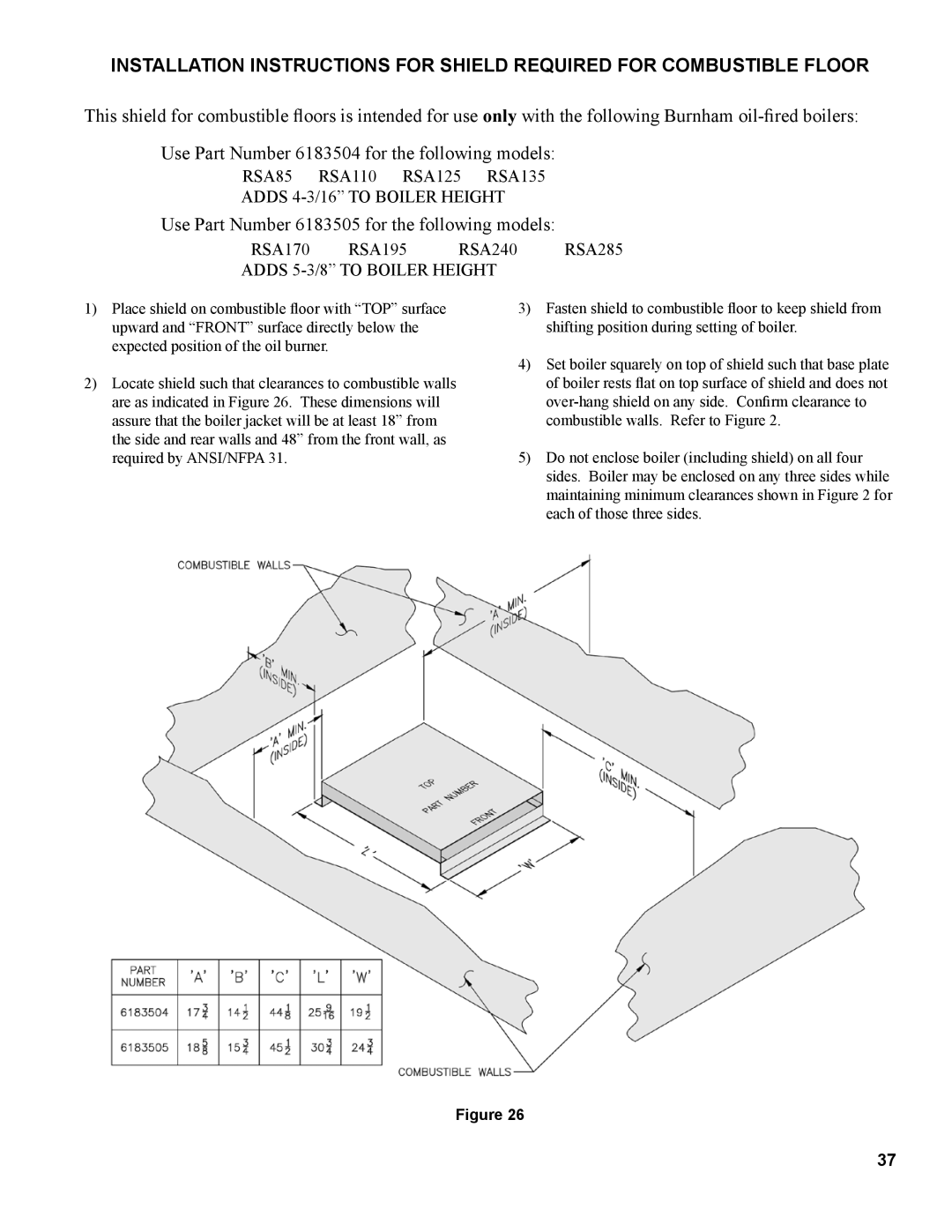 Burnham RSA manual Use Part Number 6183505 for the following models 