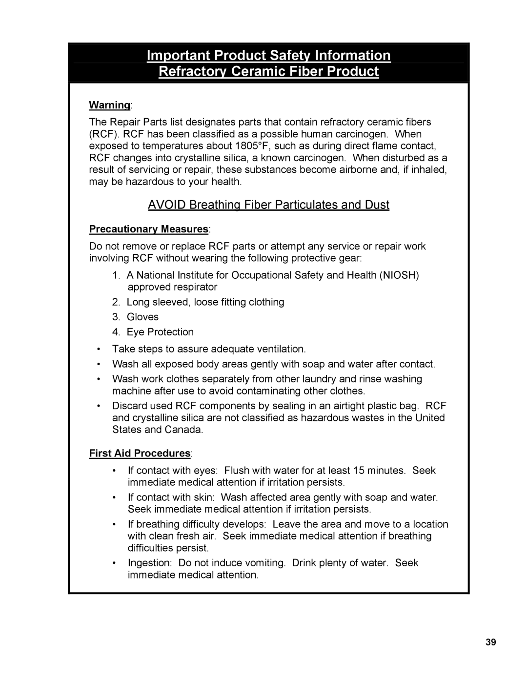 Burnham RSA manual Avoid Breathing Fiber Particulates and Dust 