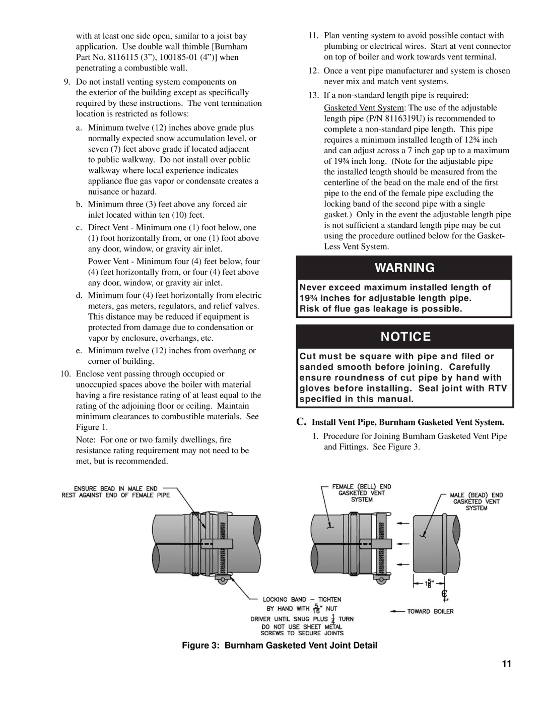 Burnham SCG manual Install Vent Pipe, Burnham Gasketed Vent System, Burnham Gasketed Vent Joint Detail 