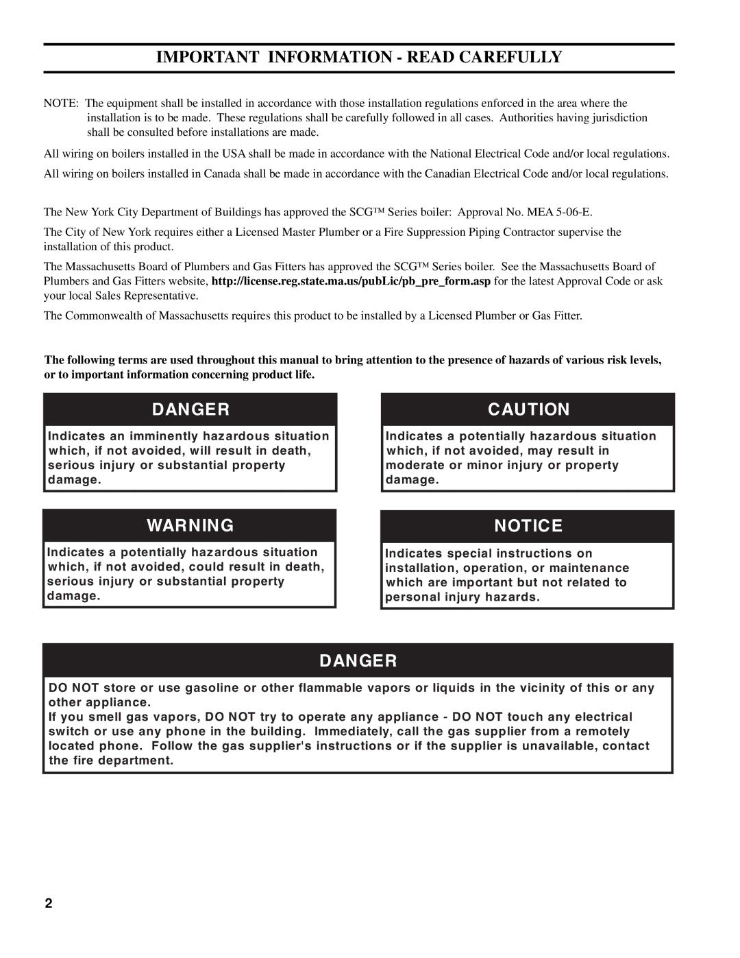 Burnham SCG manual Important Information Read Carefully 