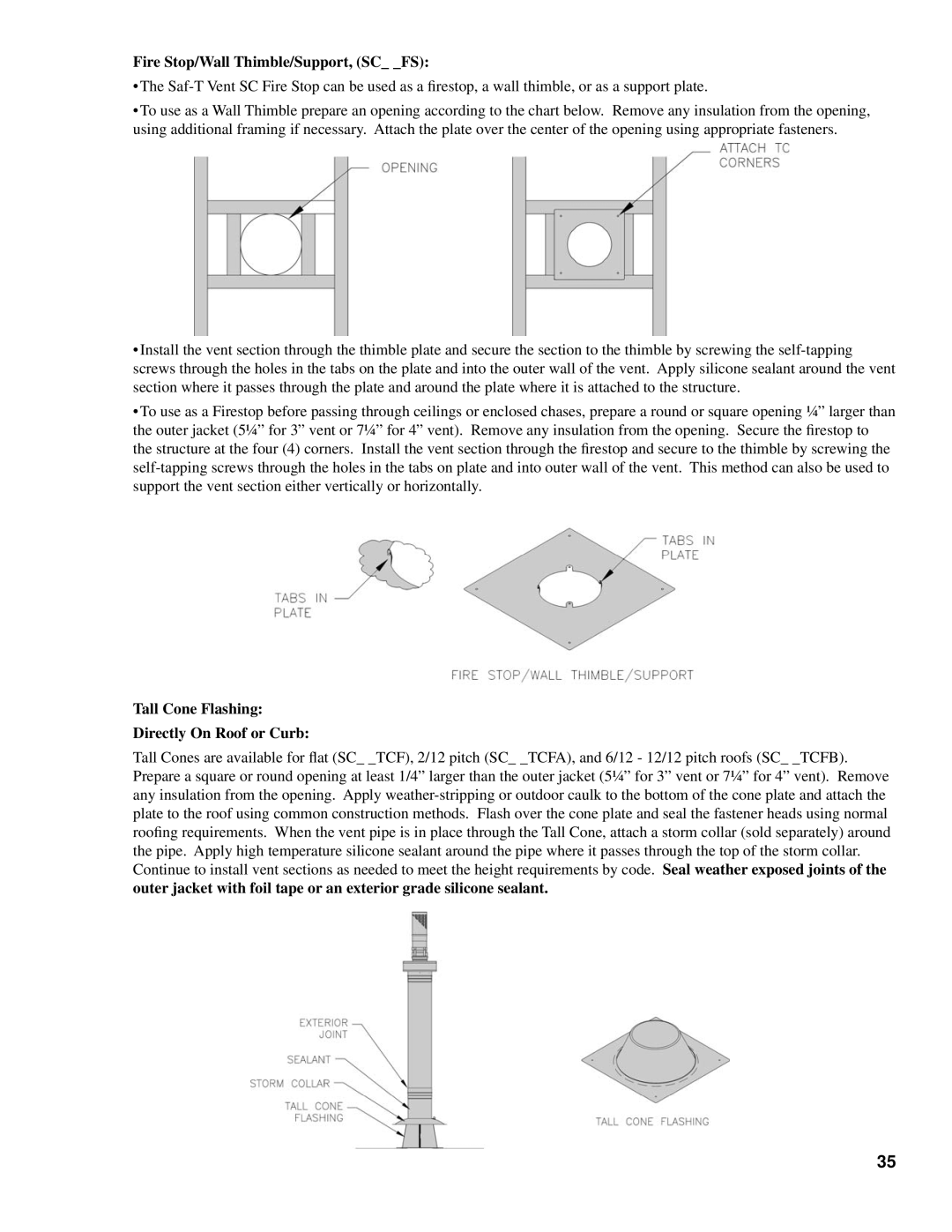 Burnham SCG manual Fire Stop/Wall Thimble/Support, SC FS, Tall Cone Flashing Directly On Roof or Curb 