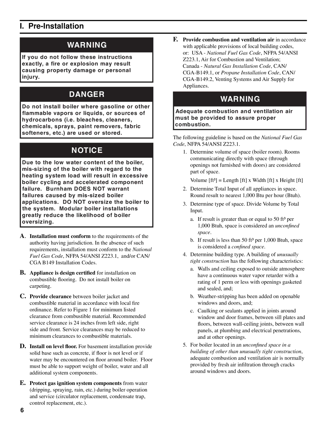 Burnham SCG manual Pre-Installation, Provide combustion and ventilation air in accordance 