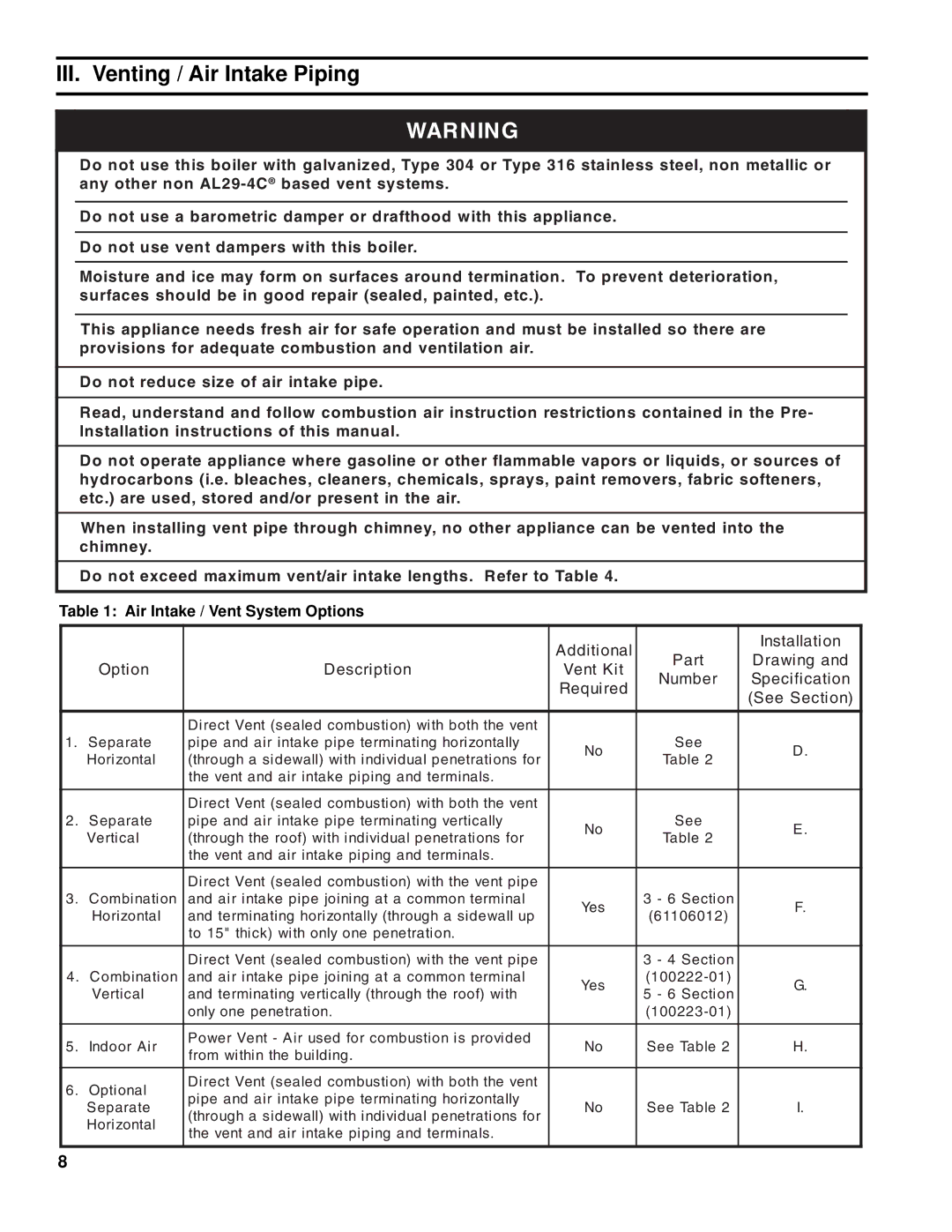 Burnham SCG manual III. Venting / Air Intake Piping, See Section 