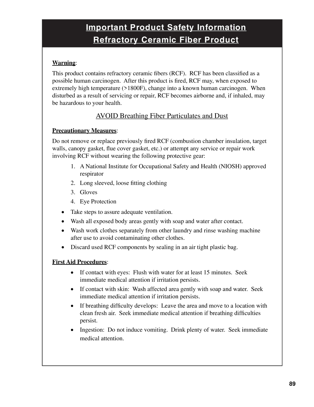 Burnham SCG manual Avoid Breathing Fiber Particulates and Dust 