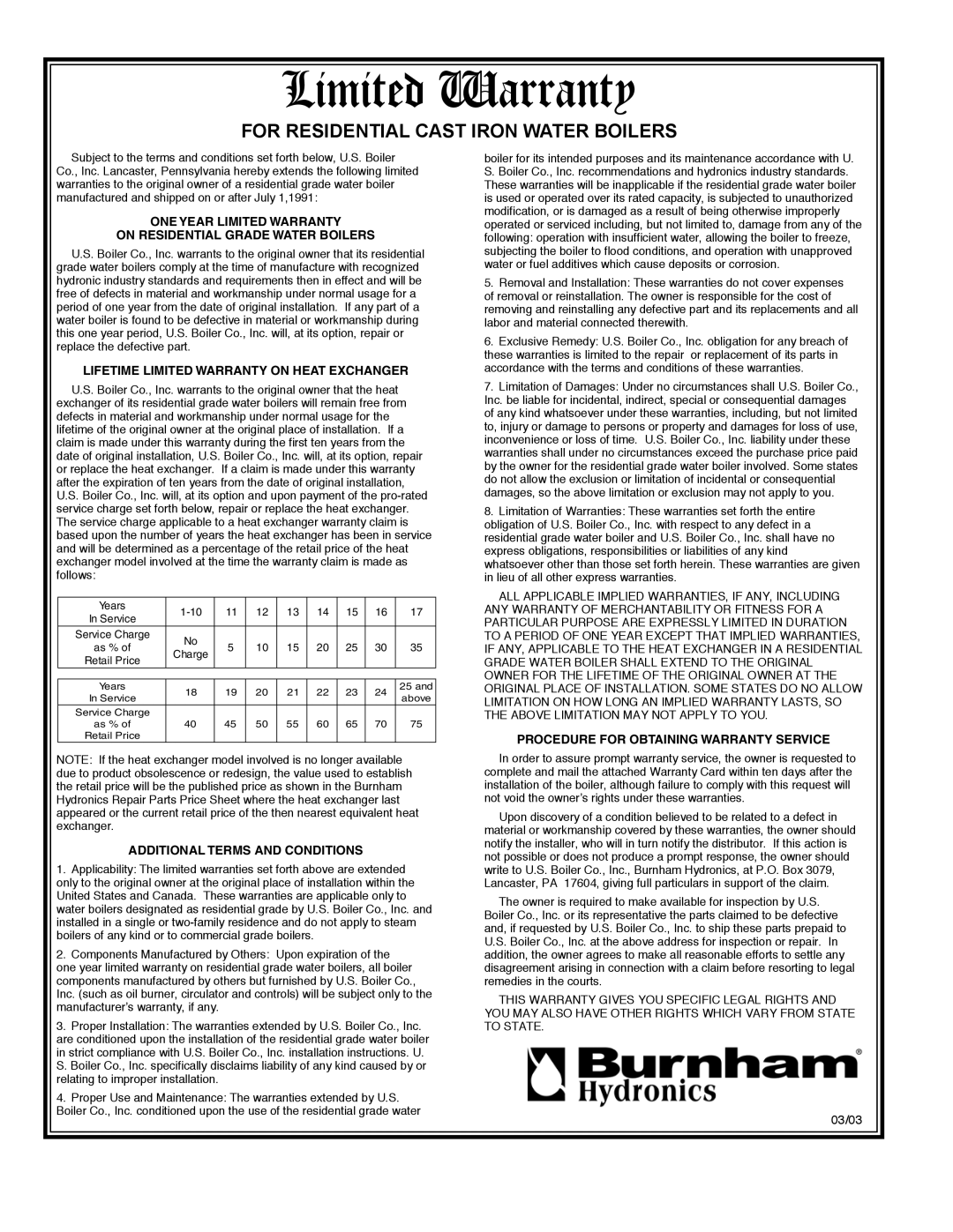 Burnham Series 2B manual Limited Warranty 