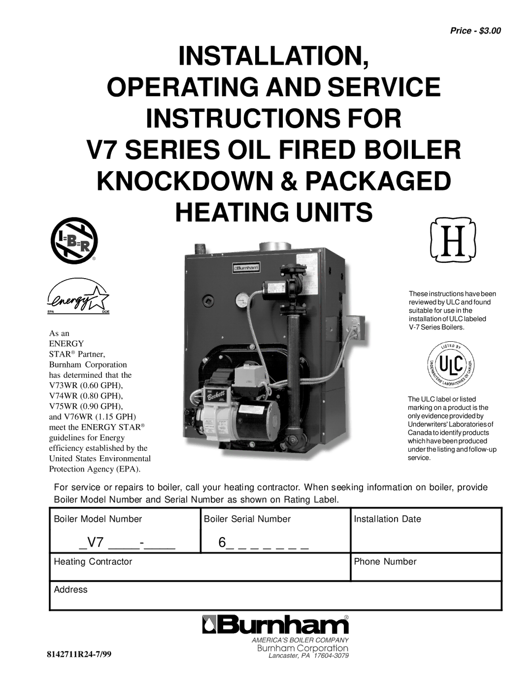 Burnham V7 SERIES manual Price $3.00 