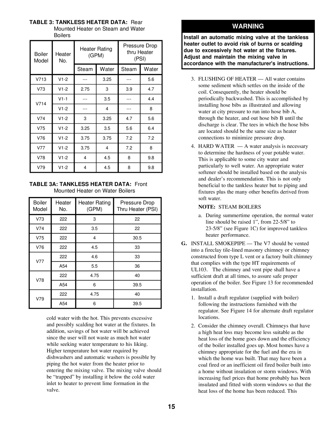 Burnham V7 SERIES manual Tankless Heater Data Rear, Tankless Heater Data Front Mounted Heater on Water Boilers 