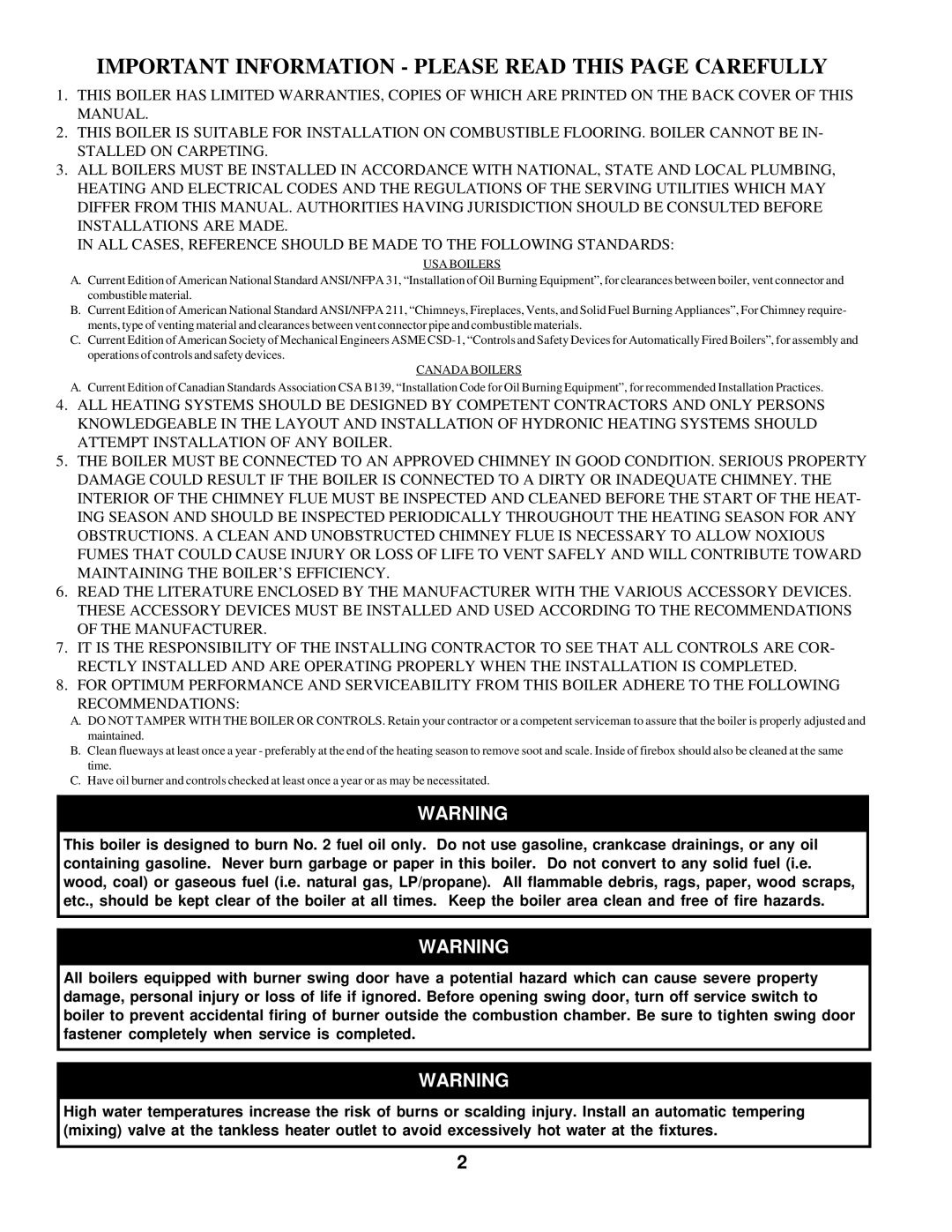 Burnham V7 SERIES manual Important Information Please Read this page Carefully, USA Boilers 