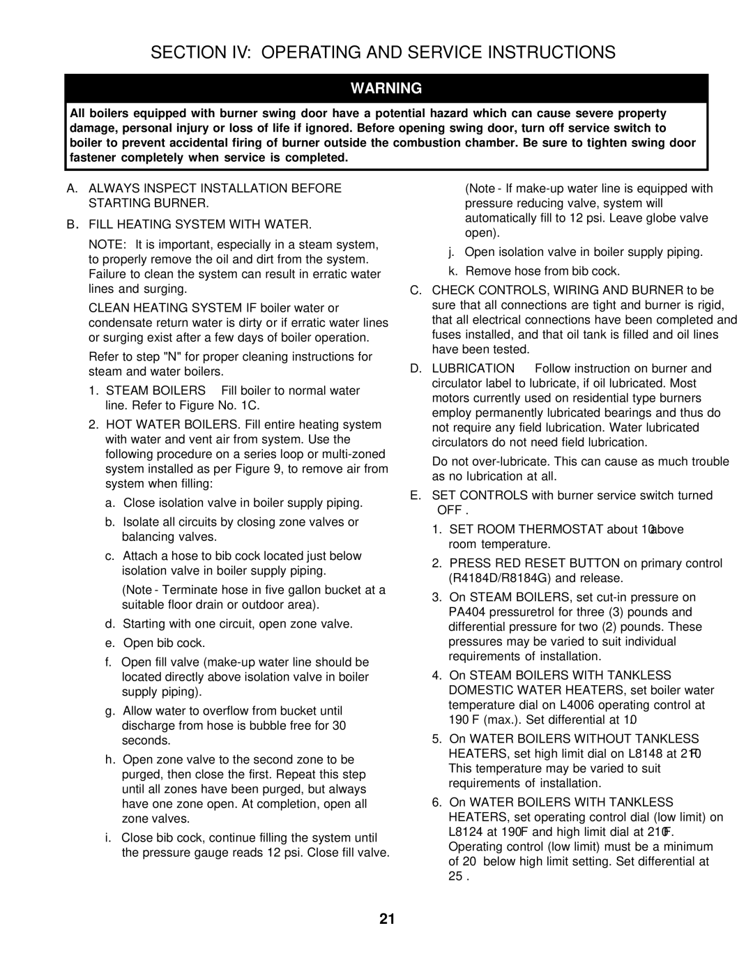 Burnham V7 SERIES manual Section IV Operating and Service Instructions 