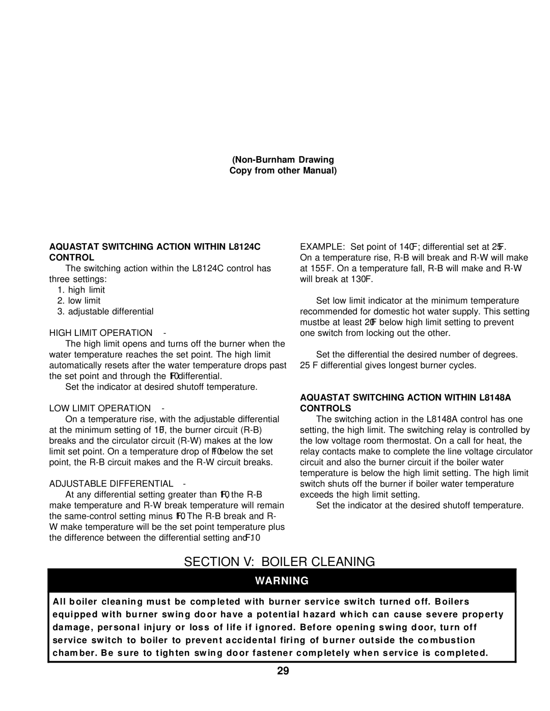 Burnham V7 SERIES manual Section V Boiler Cleaning, High Limit Operation, LOW Limit Operation, Adjustable Differential 