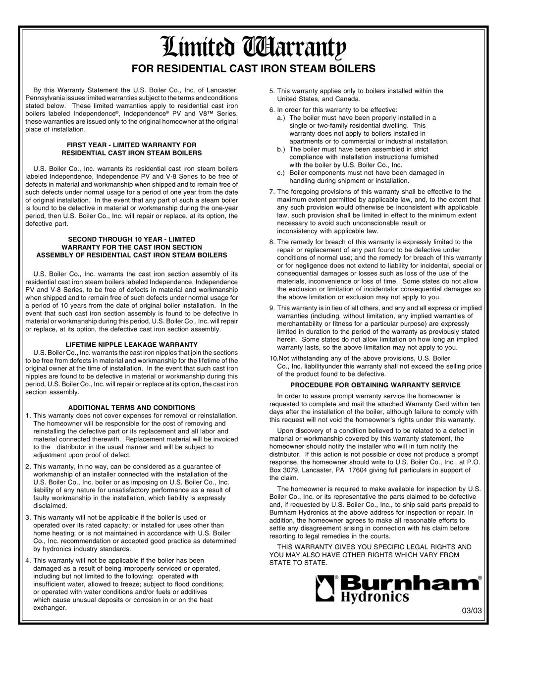 Burnham V8 Series manual For Residential Cast Iron Steam Boilers 