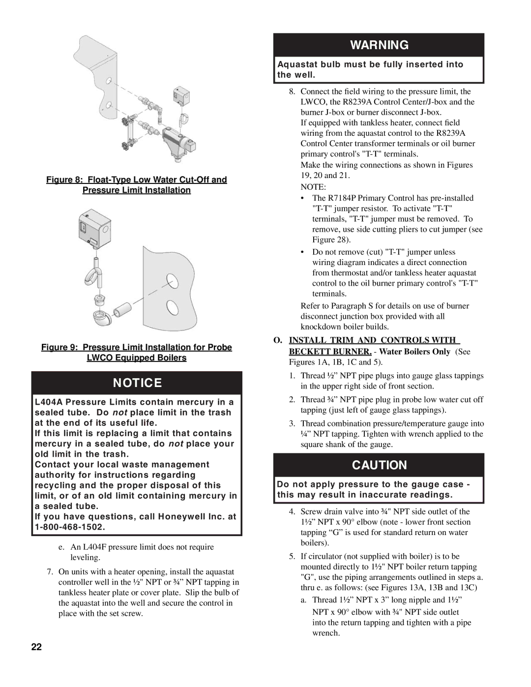 Burnham V8 Series manual Float-Type Low Water Cut-Off Pressure Limit Installation 