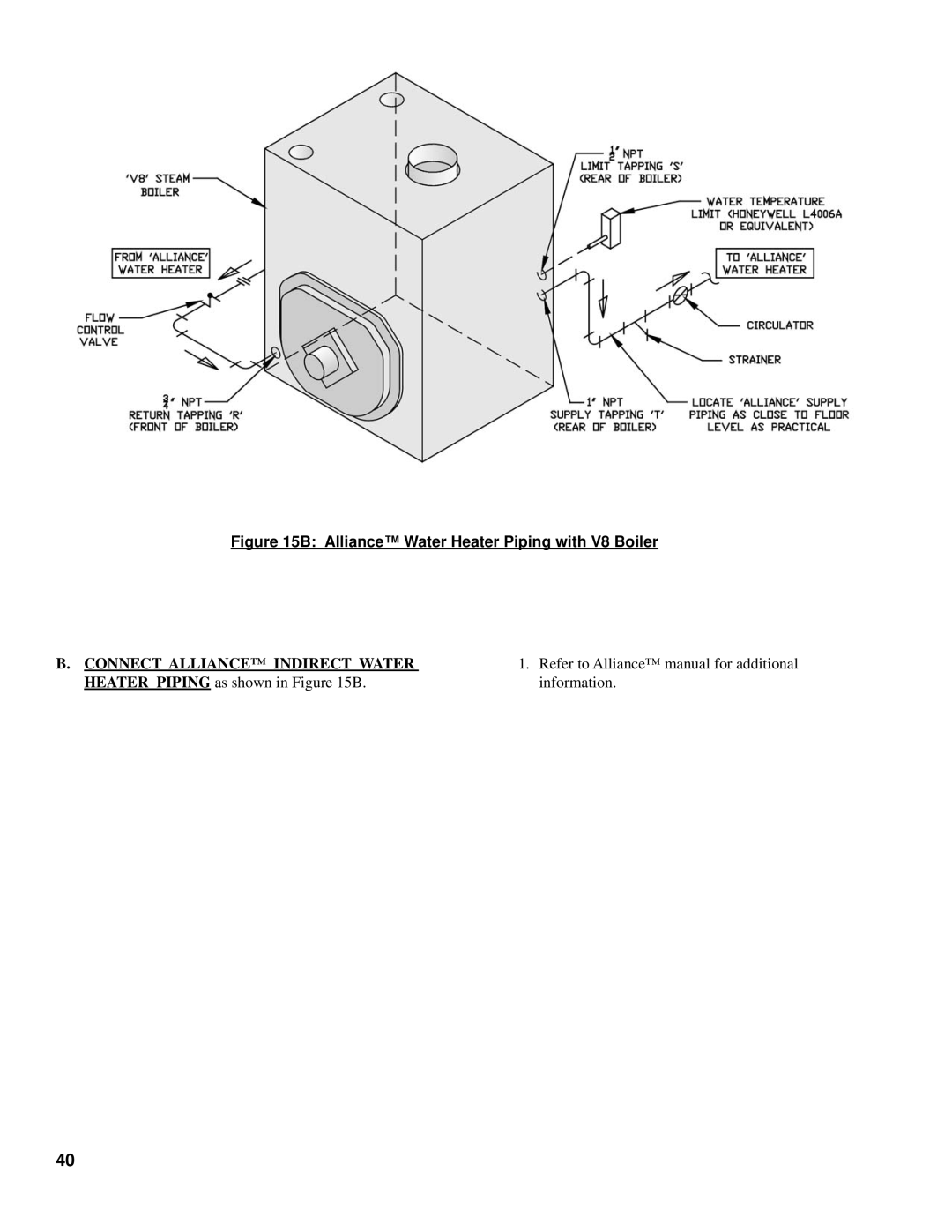 Burnham V8 Series Alliance Water Heater Piping with V8 Boiler, Connect Alliance Indirect Water Heater Piping as shown in B 