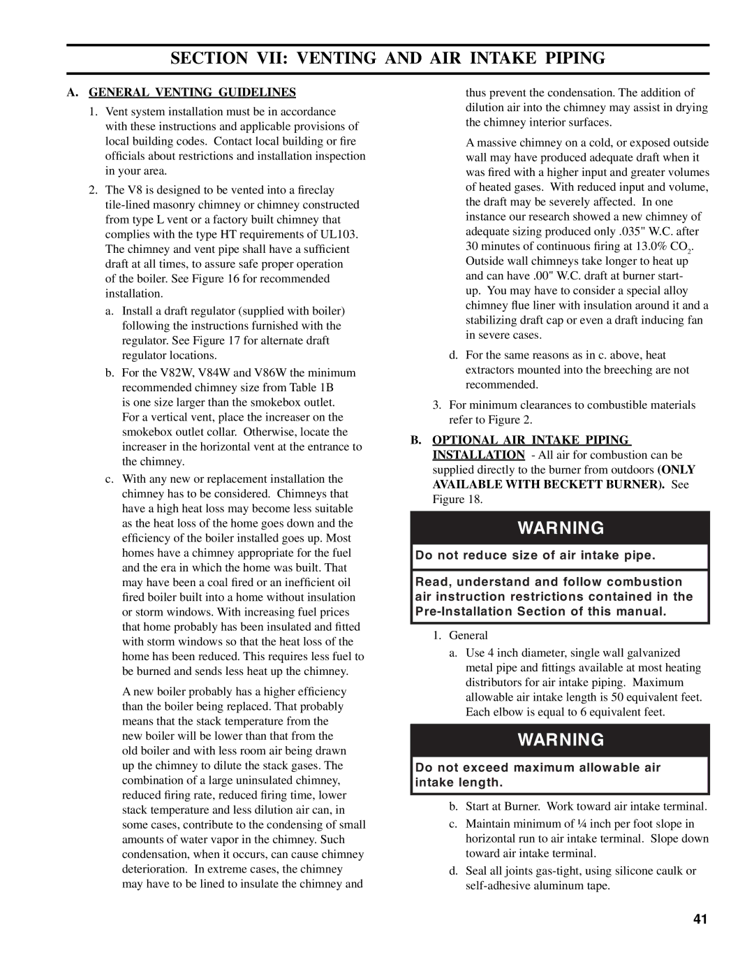 Burnham V8 Series manual Section VII Venting and AIR Intake Piping, General Venting Guidelines 