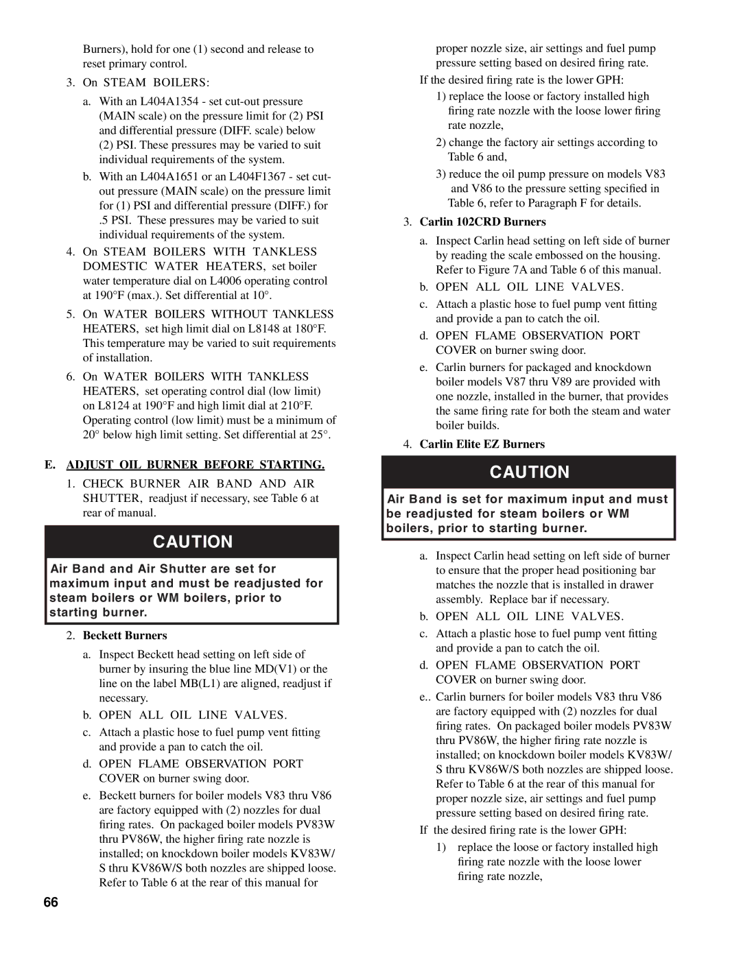 Burnham V8 Series manual Adjust OIL Burner Before Starting, Beckett Burners, Carlin 102CRD Burners, Carlin Elite EZ Burners 